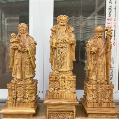 Combo Bộ tượng phật tam đa phúc lộc thọ bằng gỗ huyết long mọng dâu kt cao 30×11×9cm+chân đế gỗ huyết long đủ bộ kt 48×9×13×12cm