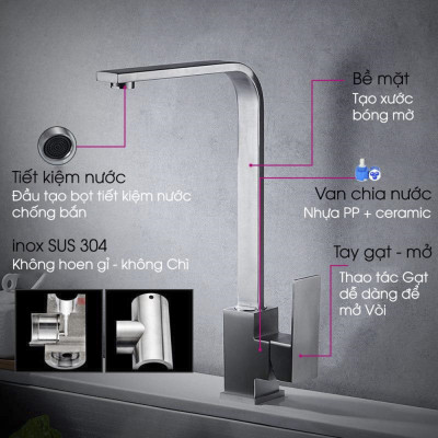 Vòi Rửa Bát Chén Dẹt Nóng Lạnh ABG Inox 304 Cao Cấp, Hai Chế Độ Nóng Lạnh, Xoay 360 Độ, Tặng Kèm Hai Dây Cấp Nóng Và Lạnh -Hàng Chính Hãng