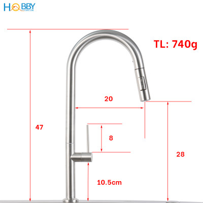 Vòi rửa chén dây rút 1 đầu lạnh inox 304 Hobby home decor VDR14 2 chế độ phun