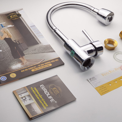 Vòi rửa chén nóng lạnh cần lò xo Đồng mạ Chrome Eurolife EL-KM03 (Trắng bạc)