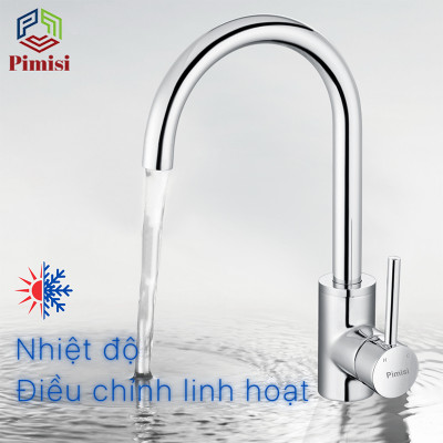 Vòi rửa bát nóng lạnh Pimisi đồng thau mạ xi Cr/Ni sáng bóng kiểu tròn điều chỉnh nhiệt độ bằng tay gật gù - kèm 2 sợi dây cấp nước dùng cho chậu rửa bát 1-2-3 hố trong nhà bếp - vòi nước rửa chén gắn chậu âm dương bàn đá quay 360 độ tăng áp | Chính hãng