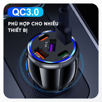 Tẩu Sạc Xe Ô Tô Chia 5 Cổng USB Type C Chuẩn PD, Cổng Quick Charge 3.0 | Kích Thước Nhỏ Gọn, Sạc Nhanh, Dòng Điện Ổn Định