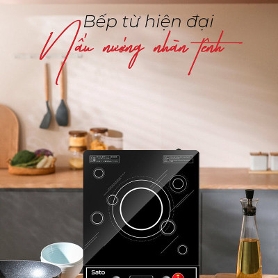 Bếp từ đơn SATO màu đen, bảng điều khiển Tiếng Việt, 5 chế độ nấu, công suất 2000W, bếp cảm ứng mặt kính cường lực chống xước, thân bếp nhựa siêu bền ST-BT062 (Tặng kèm nồi lẩu Inox) - Miễn phí vận chuyển toàn quốc - Hàng chính hãng