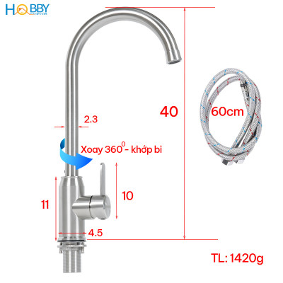 Vòi rửa chén nóng lạnh Inox 304 xoay tròn Hobby home decor CRC5 có dây