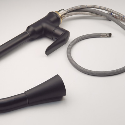 Vòi rửa chén nóng lạnh dây kéo Đồng mạ tĩnh nhiệt màu đen Eurolife EL-KM06 ( Đen)