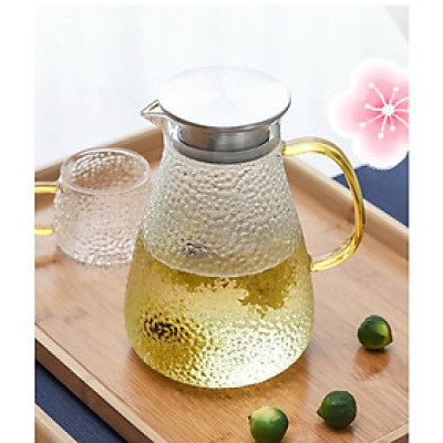 Bình đựng nước uống thủy tinh vân hạt gạo cao cấp nắp inox quai vàng