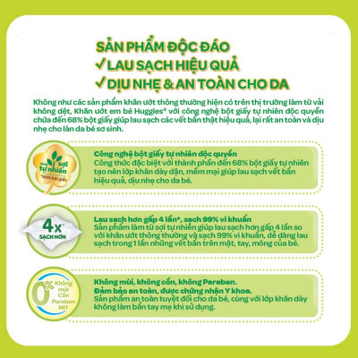 Combo 4 Gói Khăn giấy ướt cho trẻ sơ sinh Huggies không mùi, gói 64 tờ
