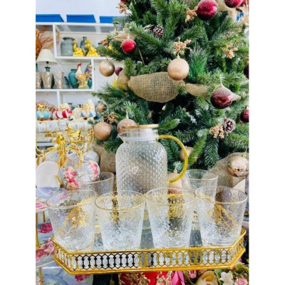 Bộ bình đựng nước uống thủy tinh vân sần cốc loe thấp kèm khay