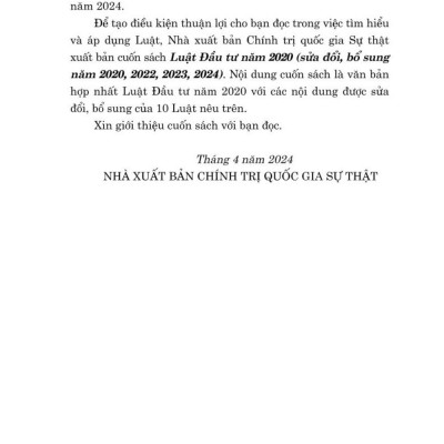 Luật đầu tư năm 2020 (sửa đổi, bổ sung năm 2020, 2023, 2024) bản in 2024