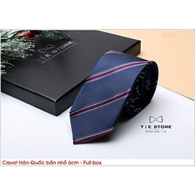 Cavat chú rể, MC, công sở nam Hàn Quốc cao cấp bản nhỏ (6cm) Xanh kẻ tím - Tặng kèm hộp Full box