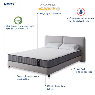 Nệm Foam Hybrid 25cm Nooz Home Goods Tiêu Chuẩn CertiPUR-US Ruột Đệm Lò Xo Túi Độc Lập Kết Hợp Cùng 2 Tầng Cao Su Non (Convulated Foam và High Density Foam)