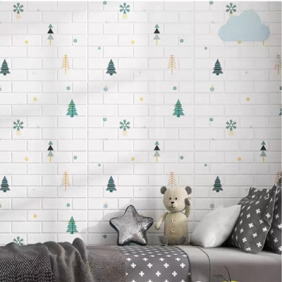 Bộ 10 Tấm Xốp Dán Tường 3D Hoạt Hình Cây Thông Dễ Thương, Dày Dặn Chống Va Đập 