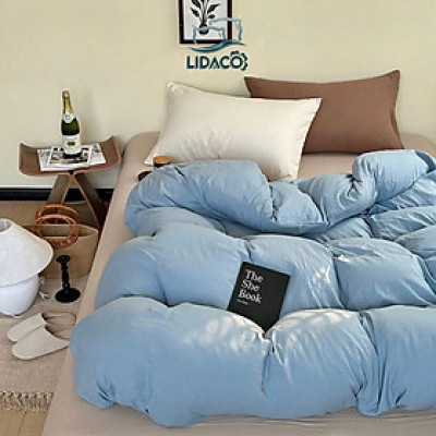 Bộ chăn ga gối cotton tici LIDACO notag - Xanh ga be