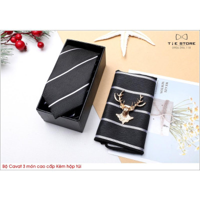 Ca Vat bộ 3 món kèm hộp túi xách cao cấp, quà tặng chú rể, Cavat họa tiết đen kẻ trắng