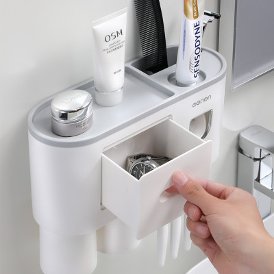 Bộ dụng cụ nhả kem đánh răng tự động 02 cốc và giá treo bàn chải đa năng HT SYS-ENON- chất liệu ABS cao cấp