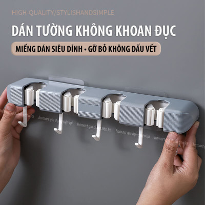 Giá Đỡ Chổi 4 Lỗ Kẹp Cây Lau Nhà 5 Móc Treo Khăn Bàn Chải Cọ Tắm Đa Năng Hamart Dán Tường Siêu Dính