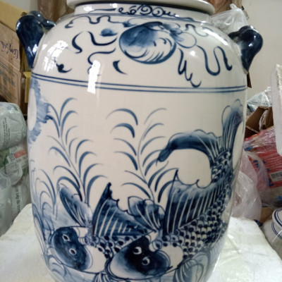 Hũ đựng rượu gạo gốm sứ Bát Tràng vẽ cá chép loại 20L