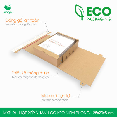 MXNK6 - 25x20x5 cm - 60 hộp carton đóng hàng xếp nhanh có keo niêm phong - Hộp gói hàng, hộp quà