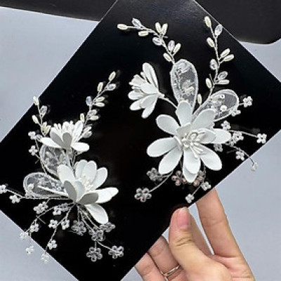 Cài tóc cô dâu hoa xốp trắng kết hạt cườm mẫu mới t12/2024