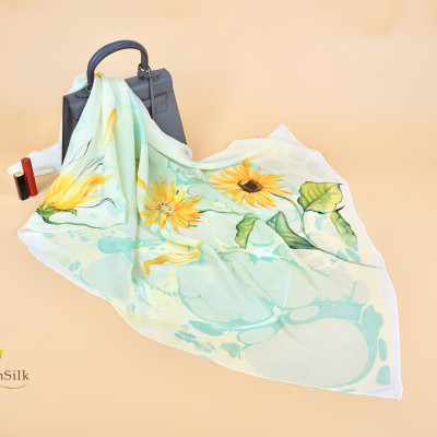 Khăn Lụa Vẽ Tay Thủy Ấn Hoa Mặt Trời SenSilk – Quà Tặng Nguyên Thủ, Khăn Lụa Handmade