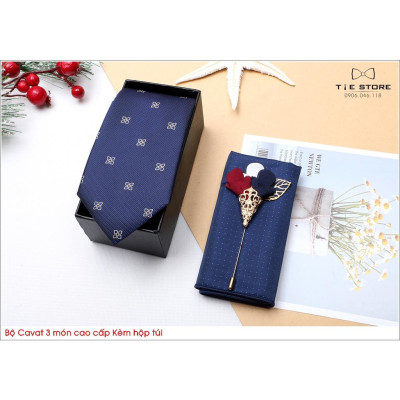 Ca Vat bộ 3 món kèm hộp túi xách cao cấp, quà tặng chú rể, Cavat họa tiết xanh chấm