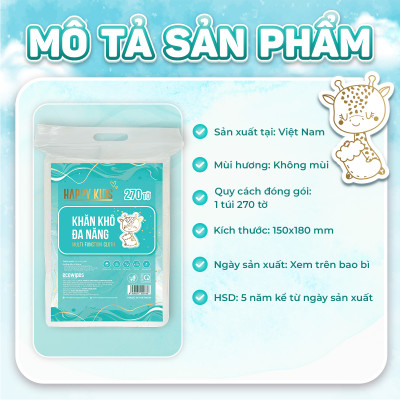 Khăn vải khô đa năng Happy Kids EcoWipes túi 270 tờ không mùi không cồn không paraben an toàn cho da nhạy cảm