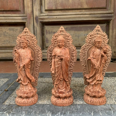 Bộ tượng phật tam thánh bằng gỗ hương kt cao 40 đá cao 