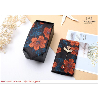 Ca Vat bộ 3 món kèm hộp túi xách cao cấp, quà tặng chú rể, Cavat Hoa