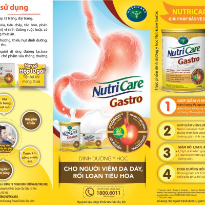 Sữa bột Nutricare Gastro dinh dưỡng y học cho người viêm dạ dày, rối loạn tiêu hóa (900g)