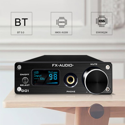 Bộ Giải Mã FX-Audio DAC D01 32 Bit/768Khz/ DSD512 Bluetooth 5.0 USB and Headphone Amplifier HiFi Stereo Digital to Analogue ES9038Q2M/XMOS XU208 Support APTX/HD/LDAC/DSD.512 with 6.35mm to 3.5mm Headphone Converter - Hàng Chính Hãng