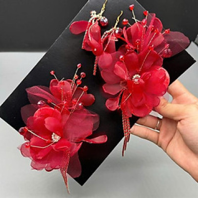 Cài tóc cô dâu hoa voan đỏ đô đính đá mẫu mới t11/2024