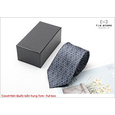 Cà Vạt Nam Bản Trung 7Cm Hàn Quốc Cao Cấp, màu ghi họa tiết - Tặng kèm hộp