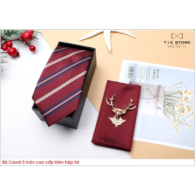 Ca Vat bộ 3 món kèm hộp túi xách cao cấp, quà tặng chú rể, Cavat họa tiết đỏ kẻ