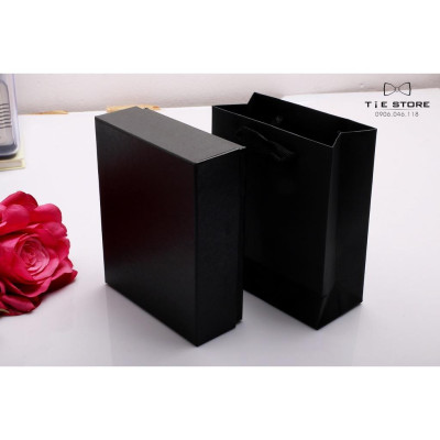 Ca Vat bộ 3 món kèm hộp túi xách cao cấp, quà tặng chú rể, Cavat họa tiết đen kẻ