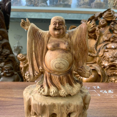 Tượng phật di lặc nghênh hỉ bằng gỗ ngọc am thơm nức kt 22×17×6cm  