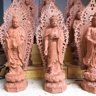Bộ tượng phật tam thánh bằng gỗ hương kt cao 60