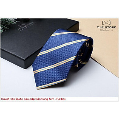 Cà Vạt Hàn Quốc bản trung 7cm Cao cấp kèm hộp - Màu xanh kẻ vàng