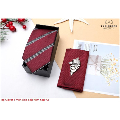 Ca Vat bộ 3 món kèm hộp túi xách cao cấp, quà tặng chú rể, Cavat họa tiết đỏ kẻ