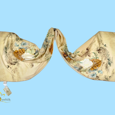 Khăn Lụa Cao Cấp in Kỹ Thuật Số Sen Silk KLDI02 Rose - Printed Silk Scarves - Quà Tặng Khách Nước Ngoài