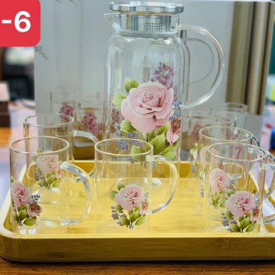 BỘ BÌNH ĐỰNG NƯỚC THỦY TINH CHỊU NHIỆT CAO CẤP HỌA TIẾT HOA 3D - VD68 ( 1 BÌNH + 6 CỐC)