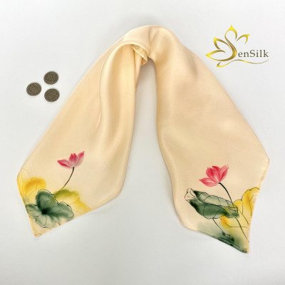 Khăn Lụa Vuông Cao Cấp Vẽ Tay SenSilk Hoa Sen, Lotus Silk Square Painting 55x55cm, Phụ Kiện Lụa Thời Trang Cao Cấp, Nơ Lụa Tơ Tằm