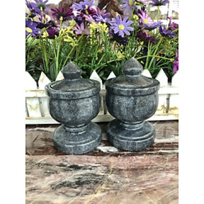 Cặp hũ đựng muối, gạo thờ cúng đặt bàn thờ ông thần tài thổ địa đá cẩm thạch vân đen