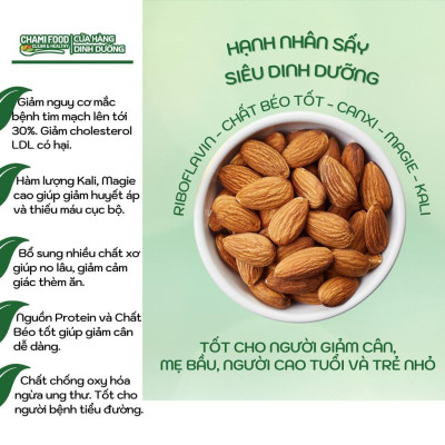 Hạt hạnh nhân sấy ChamiFood 500G NHẬP KHẨU MỸ CHÍNH NGẠCH LOẠI 1 giúp Giảm cân Đẹp dáng, giàu RIBOFLAVIN, hợp Eat Clean.