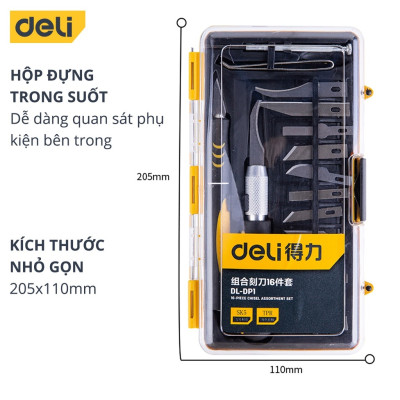 Bộ Dao Điêu Khắc. Chạm, Trổ, Tách Ghép 16 Chi Tiết Deli Cao Cấp Chính Hãng - Đa Năng, Sử Dụng Cho Nhiều Mục Đích DL-DP1