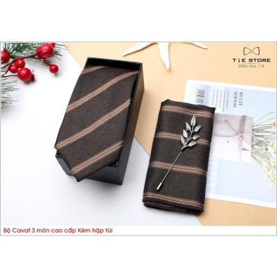 Ca Vat bộ 3 món kèm hộp túi xách cao cấp, quà tặng chú rể, Cavat nâu kẻ