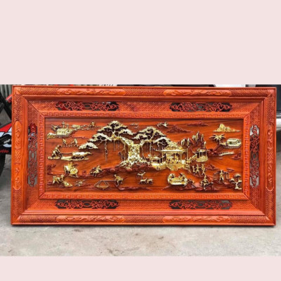 Tranh trèo tường tích đồng quê bằng gỗ hương đỏ kt 79×155×4cm
