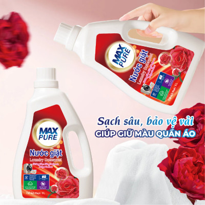 Chai nước giặt Maxpure Hương Hoa Hồng Bulgaria 3L - TẶNG 1 dây 10 gói nước xả hương CoCo