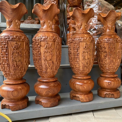 Cặp lục bình trạm khắc tứ quý ,phong thủy hút tài lộc bằng gỗ hương đá kt 
