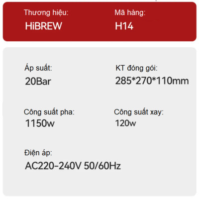 Máy pha cà phê bán tự động kiêm xay cà phê 15 chế độ Espresso, Cappuccino, Latte thương hiệu Mỹ cao cấp HiBREW H14 - Hàng Nhập Khẩu