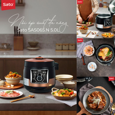 Nồi áp suất đa năng SATO 5AS065.N 5.0L - Nồi áp suất đa chức năng : nấu cơm, nấu cháo, hầm gân, ninh, súp, hấp, giữ ấm ...- Miễn phí vận chuyển toàn quốc - Hàng chính hãng